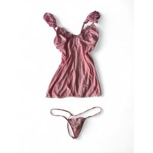 Elegant Moments Dusty Pink Babydoll Lingerie Set with Thong, XL